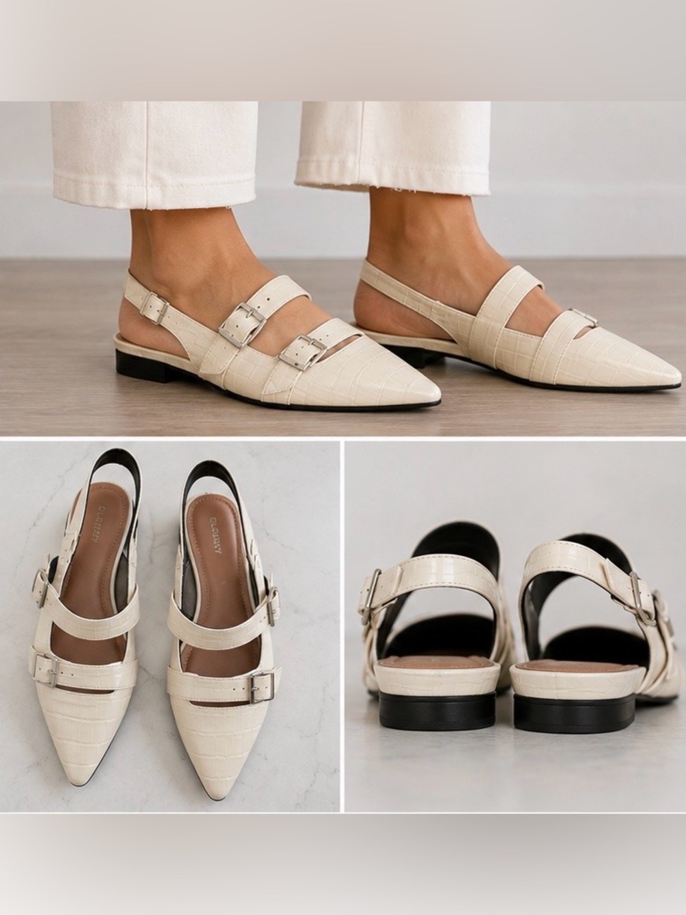 Old Navy Cream Croc-Embossed Pointed Slingback Flats with Dual Buckles